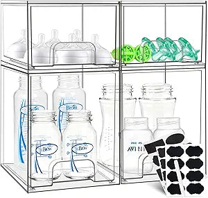 Baby Bottle Organizer, Stackable Storage Drawers with Label, Clear Station Organizers Container for Pacifiers, Pump Parts, Desk Organizer Bins for Bathroom, Cabinet, Pantry, Vanity, Countertop, 4 Pack
