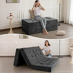 MAXYOYO 6" Folding Sofa Bed for Floor, Tufted Tri-Fold Floor Couch Bed with Chenille Fabric, Full Size Portable Sofa Couch Guest Mat for Adults, Foldable Topper for Camping, Dark Grey, 53"x75"