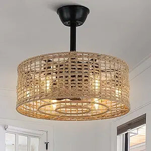 Boho Caged Ceiling Fan with Lights and Remote, 18'' Farmhouse Rattan Ceiling Fans Light Reversible Fan Blades, Low Profile Boho Ceiling Fans Light for Indoor, Patios, Bedroom