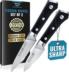 Cutluxe Paring Knife Set  4" Fruit and 3" Peeling Knives  Small Knife with Razor Sharp Blade  High Carbon German Steel, Full Tang & Ergonomic Handle Design  Artisan Series