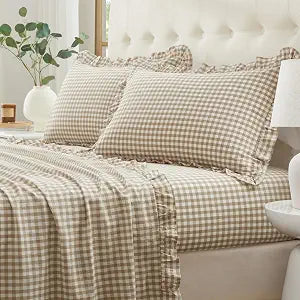 Ruffle Gingham King Sheet Set - 4 Piece Taupe Plaid Cotton Bed Sheets King Size - 16 Inch Deep Pocket Checkered Ruffled Sheets Farmhouse Decor - Linen-Feel & Breathable