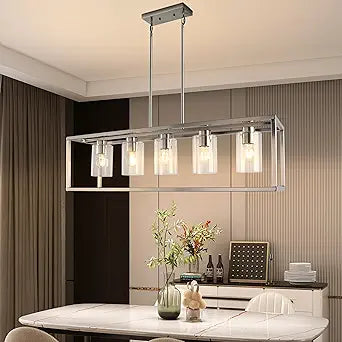 Chandeliers for Dining Room, 5 Light Dining Room Light Fixture Modern Metal Industrial Kitchen Lighting Fixtures Ceiling Easy Installation Kalium Pendant Lights for Bar Restaurant-E26 Socket,Sliver