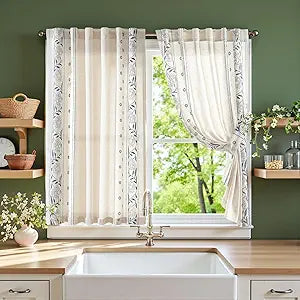 jinchan Winslow Linen Curtains 45 Inch Length Small Window Curtains Embroidered Bordered Floral Drapes Light Filtering for Bathroom Laundry Room Kitchen Farmhouse Decor Blue on Beige 2 Panels