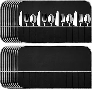 Hillban 18 Pcs Anti Tarnish Silver Storage Bags Silver Storage Cloth Felt Flatware Organizer Anti Tarnish Protector Bags Place Setting Roll with White Ribbon for Kitchen Cutlery (12 Slots,Black)