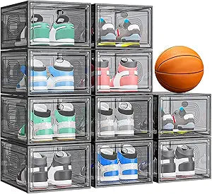 caktraie 10 Pack Thicken Shoe Organizer Stackable,Upgraded Sturdy Shoe Storage Box with Magnetic Door,Shoe Containers For Sneaker Display,Hat Organizer,Black