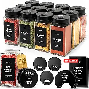 EDELHAUS Glass Spice Jars with Labels & Black Rotating Lids  12 Large Square Airtight Containers 6.7 oz / 200ml with Shaker Inserts, Funnel & 160 Waterproof Labels for Kitchen Pantry Organization