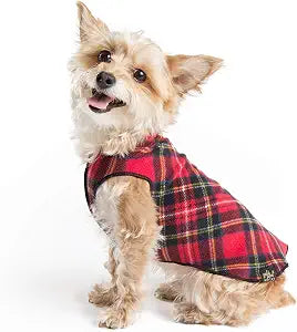 Goldpaw Stretch Fleece Dog Sweater - with Spandex for 4-Way Stretch - Soft, Comfortable Dog Coat - Machine Washable - Made in the USA - Red Classic Plaid - Size 12