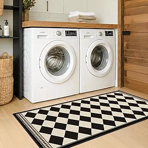 Black and White Checkered 2x5 Easy Jute Laundry Room Rug Runner, Laundry Floor Mat, Washable Non Slip Diamond Boho Carpet for Entryway, Bathroom, Kitchen, Checkerboard Modern Farmhouse Mat