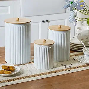 Kitchen Canister Set of 3 Tea Coffee Sugar Containers with Airtight Bamboo Lids Food Flour Storage for Countertop Metal White Vertical Stripe Pattern Embossed Farmhouse Decor