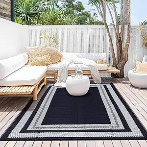 COZYLOOM 8x10 Outdoor Rug Waterproof Reversible Plastic Straw Rug for Patios Modern Area Rug for Outdoors Backyard Porch Balcony RV Deck Picnic Camping Beach Trailer Black Blue Panel