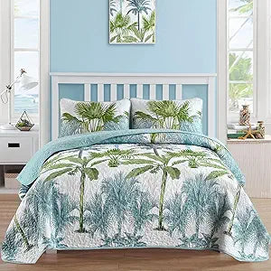 Luxudecor Tropical Plants Quilt Set King Size Green and Blue Palm Coverlet