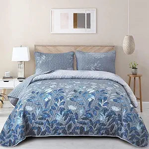 WONGS BEDDING Blue Floral Quilt Set Queen,3 PCS Botancal Bedspread Coverlet