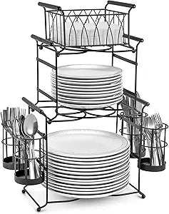 Sorbus Buffet Caddy  7-Piece Stackable Set Includes Plate, Napkin, and Silverware Holder, 3-Tier Detachable Tabletop Organizer  Ideal for Kitchen, Dining, Entertaining, Parties,Thanksgiving (Black)