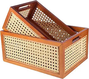 Rattan Storage Baskets Set, Wooden Frame with Woven Cane Design, Nesting Organizer Bins for Living room Bedroom Bathroom Kitchen Shelf, Set of 2