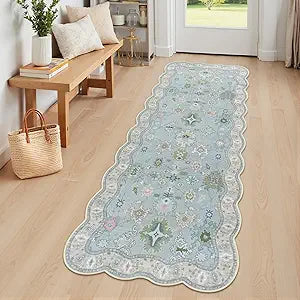 Oushak Modern 2x6 Runner Rug, Non Slip Washable Soft Kitchen Rug, Boho Floral Blue Runners for Hallways 6ft, Turkish Retro Floor Runner for Bathroom Entryway Bedroom