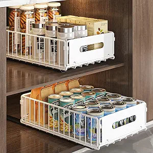 2 Pack Pull Out Cabinet Organizer, Heavy Duty Slide Out Drawer with No Drill Adhesive or Screw Mount, Carbon Steel Roll Out Shelf for Kitchen Cabinet, Pantry & Bathroom Storage