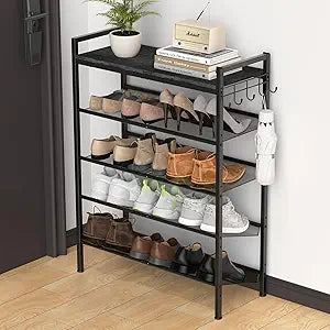 Shoe Rack for Front Door Entrance, 5 Tier Height-Adjustable Metal Shoe Rack , Sturdy Wooden Top and Tiltable Steel Frame Heavy Duty Shoe Organizer for Bathroom,Bedroom,Kitchen, Include Hook, Black