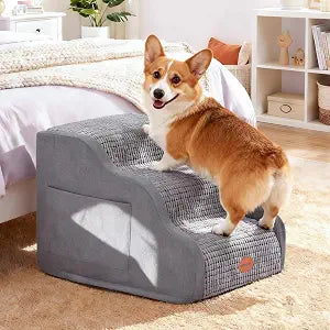 Woochpet 15.7H Ramp Dog Stairs for Small Dogs, Side Armrest 3 Tier Wider Curved Pet Stairs for Couch and BedsHigh-Density Foam Indoor Dog Steps with Non-Slip Bottom and Washable Cover for Old Cats