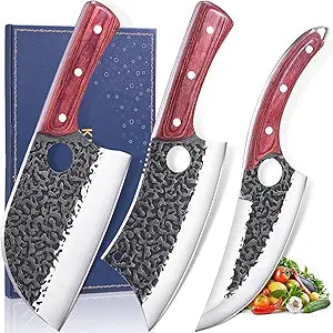KITNATS Butcher Knife Set, 3PCS Hand Forged Meat Cleaver, Serbian Chef Knife & Viking Boning Knife for Meat Cutting, Outdoor BBQ, Camping, Kitchen Cooking, Gift for Men