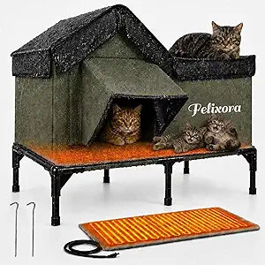 Heated Cat House for Outside, Weatherproof Insulated Winter Shelter with Elevated Base & Clear Window Magnetic Escape Door for Safety, Covered, Large Outdoor Cat Shelter for Stray, Barn Cats