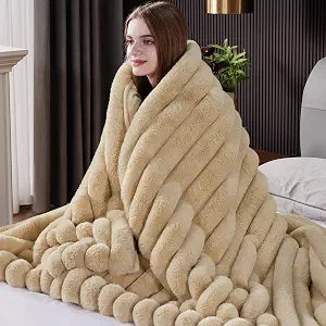 Fluffy Faux Fur Throw Blanket Queen Size, Thick 1000GSM Soft Cozy Throw Blankets for Bed, Plush Striped Warm Fuzzy Blanket for Couch LivingRoom Home Decor & Gifts(80"x 90", Beige)