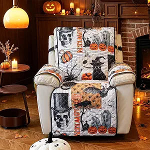Cmfshape Halloween Recliner Slipcover-Black&Orange with Pumpkin,Spider,Pet Friendly Recliner Chair Covers,Washable Reclining Chair/Furniture Protector for Holiday,Anti-Slip with Elastic Band