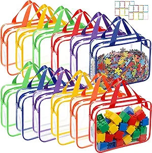 Shinylin 12 Packs Large Toy Storage Bags with Labels Clear Toy Organizers for Playroom Reusable Waterproof PVC Game Storage Containers with Zipper Travel Organizers for School Blocks (Fresh Color)