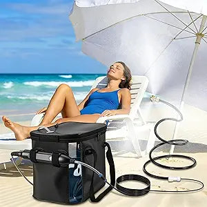 Neitra Portable Misting Systems, Water Standing Misters Cooling Outside Patio w 5000mAh Water Pump, 20L Bucket, 9.8FT Hose & 8.2FT Cobra Mist Stand for Beach/Umbrella/Poultry/Golf Cart/Camping
