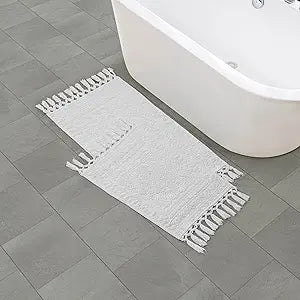 French Connection Nellore Bath Rugs, Set of 2 Woven and Beaded Bath Mats, Durable and Thick Bath Mats for Bathroom and Shower Rugs, 17" x 28" and 20" x 38", White