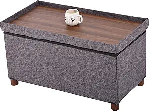 30 Inches Storage Ottoman Bench, Rect Grey, Modern, Classic Style, Linen Fabric, Walnut Wood Legs