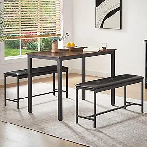 Dining Table Set for 4, Wood Kitchen Table & Chair with 2 Upholstered Benches for Breakfast Nook and Small Space, Brown