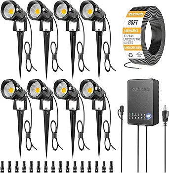 ZUCKEO All-in-One Landscape Lighting Kit, 5W LED Low Voltage Landscape Lights with Transformer and 80FT Wire, Waterproof Outdoor Spotlight with Connectors for Yard Garden House, 3000K 12-24V 8Pack