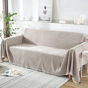 Foreate Chenille Sofa Cover Couch Cover with Tassels for L Shaped Sofa - Sofa Blanket Furniture Protector Dog Blanket Machine Washable Couch Cover for Pets Kids Dogs, 71 x 118, Khaki-Tassel