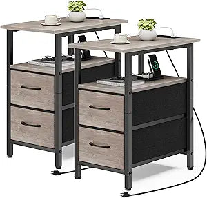 Vagusicc End Table with Charging Station Set of 2, Narrow Side Table, 23.8'' Tall Nightstand with 2 Drawers, Small Sofa Side Table Narrow Nightstand for Small Spaces, Living Room, Bedroom, Rustic Grey