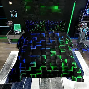 Erosebridal Geometric Checkered Comforter Set Twin Neon Blue Green Bedding Set for Kids Boys Teen Gamer Room Decor,Abstract Ombre Plaid Comforter Grids Quilt Duvet Black