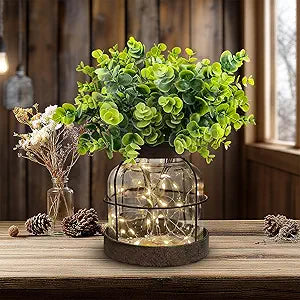 Rustic Farmhouse Glass Vases with Green Artificial Eucalyptus Plants & Lights Primitive Vintage Lantern Home Decor Centerpiece for Counter Coffee Table Shelf Desk Office Dining Room Kitchen Bathroom