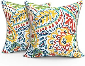 Outdoor Throw Pillows Inners, Fade Resistant Patio Furniture Square Pillows with Piping Set of 2 for Patio Furniture, 18x18 Inch, Paisley Multi