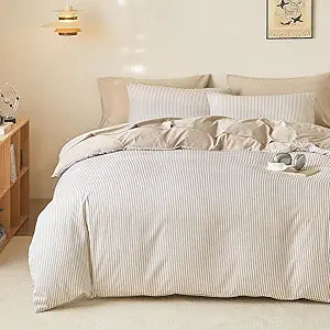 Wake In Cloud - Striped Comforter Set, Ticking Stripe Vertical Pinstripe Neutral Farmhouse Pattern Printed, Soft Lightweight Bedding, 3 Pieces, Light Brown White, Queen Size