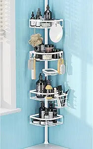 Shower Caddy Tension Pole, 4-Tier Adjustable Corner Shower Standing Caddy, Rustproof Shower Rack for Bathroom Bathtub, with 4 Shelves, No Drilling Shower Shelf for Inside Shower (White)