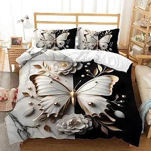 AILONEN Butterfly Duvet Cover Set King Size, Floral Butterfly Print Bedding Set Perfect for Girls Bedroom,White and Black Comforter Cover,3-Pieces,1 Quilt Cover + 2 Pillowcases