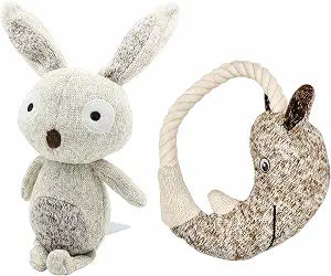 Knit Plush Dog Toys - Squeaky Chew and Cuddle Toy for Puppies and Small to Medium Dogs | Bunny, Dinosaur and Rope Tugger Styles (Bunny & Rope Set)