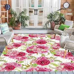 Vibrant Floral Pink Outdoor Rug Modern Contempporary Art Deco Washable Area Rug for Patio Porch Deck Balcony Waterproof Durable Backyard Carpet Cute Garden Large Rugs 5x7