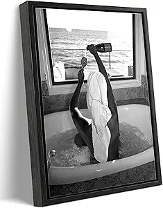 Framed Black and White Fashion Canvas Wall Art Trendy Woman Drinking Wine in Bathtub Picture Wall Decor Luxury Feminist Bathroom Poster Print for Apartment Dorm Home Decoration 16x24in