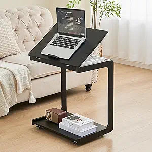 Uniclinens Rolling Side Table Desk Sofa - C Shape Couch End Table with Wheels, Mobile Wooden Slim Sofa Tray, Movable Small Couch Desk for Living Room Bedroom, Black