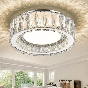 11 Inch Chrome Modern Luxury Crystal Flush Mount Ceiling Light Fixture,5CCT 3000K-6000K 24W,Round Small Dimmable Led Chandelier Hallway Lighting for Entryway,Kitchen,Bedroom,Laundry Room