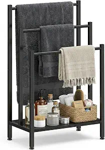 Freestanding Towel Rack, 3 Tier Metal Standing Towel Rack with Wooden Shelf, Blanket Holder and Bath Towel Drying Rack for Bathroom, Black