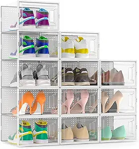Snaxo 12 Pack Large Clear Shoe Storage Boxes, Stackable Modular Plastic Shoe Organizer Front-Opening Door, Ventilated Dust-Proof Sneaker Display Cases Closet and Entryway, White