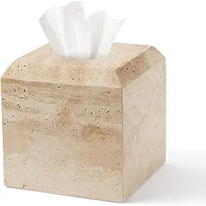 Tissue Box Cover Italy Natural Travertine Stone Heavy Duty Square Facial Toilet Paper Holder for Bathroom Living Room Bedroom Dresser Kitchen Minimalistic Office Home Decor Beige (TBC145WT)