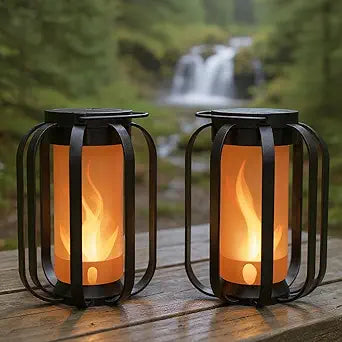 FoxFlame Modern Solar Lanterns Outdoor Waterproof - Patented Flickering LED Flame Effect, IP65 Waterproof, Matte Black Finish, Hanging Solar Lights for Outside for Patio, Garden, Porch(2 Pack)