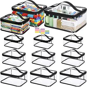 Talltalk 12 Pack 3 Sizes Toy Storage Bags with Labels, Clear PVC Reusable Board Game Storage Containers, Waterproof Toy Organizer Case with Zipper for Building Blocks, Puzzles, Stationery (Black)